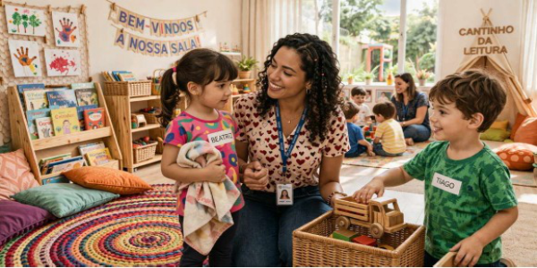 Ambiente de educação infantil com professora sentada entre duas crianças em atividade lúdica. Uma menina segura uma boneca enquanto conversa.
